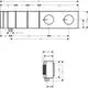 AXOR Thermostatmodul in einem klaren Design. Abgebildet sind die Maße und Montageschnittstellen für die Installation. Geeignet für den Unterputz mit Platz für zwei Verbraucher.